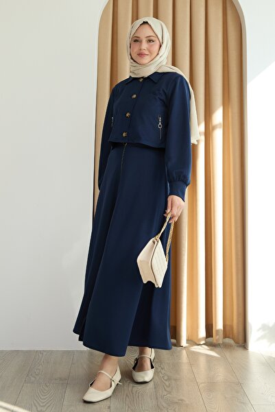 InStyle Μπλε κοστούμι με τσέπη με φερμουάρ και φούστα μπολερό