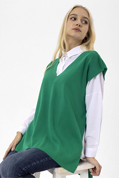 ŞİMAL Women's V-Neck Belted Long Knitwear Sweater235088 -