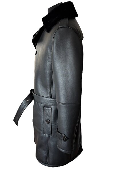 asus deri SİYAH HAKİKİ KOYUN KÜRKÜ ERKEK TRENÇKOT  - BURB