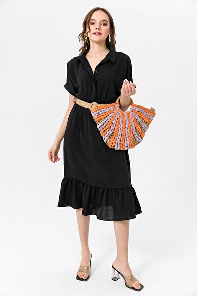 ŞİMAL Γυναικείο μακρύ φόρεμα με ψάθινη ζώνη και λεπτομέρεια στο κλείσιμο με κ...