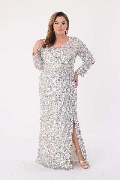 LİLAS XXL Büyük Beden Bej Renkli Pul Payetli V Yaka Uzun Abiye Elbise