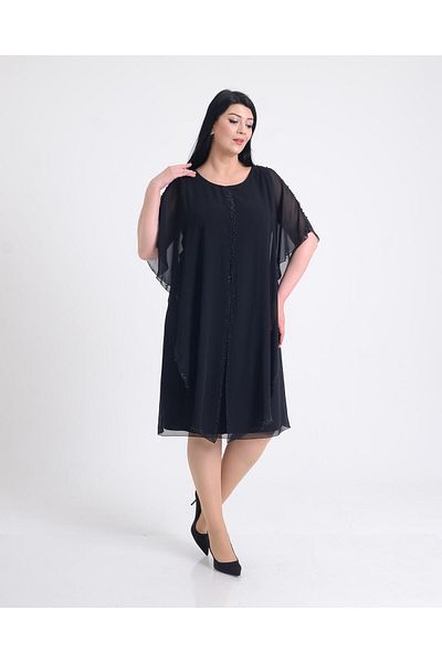 LİLAS XXL Rochie de seară scurtă, cu perle imprimate cu piatră de culoare neagră, mărime mare