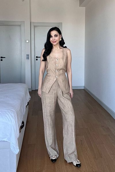 Seda Yalçın Atelier Camel Square Collar Buttoned Vest Suit