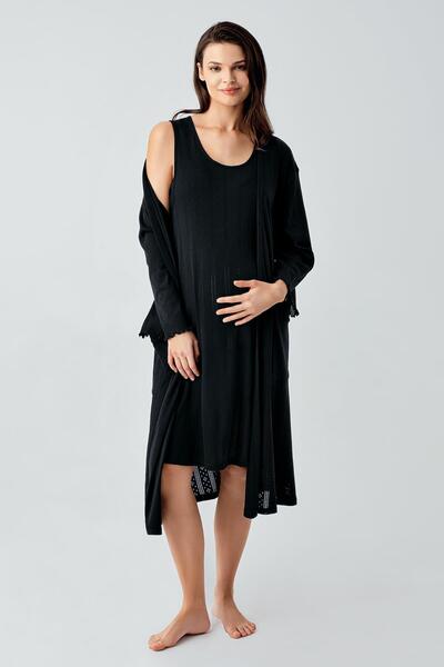 Artış Thick Strap Openwork Flexible Cotton Maternity Dressing Gown Nightgown Set