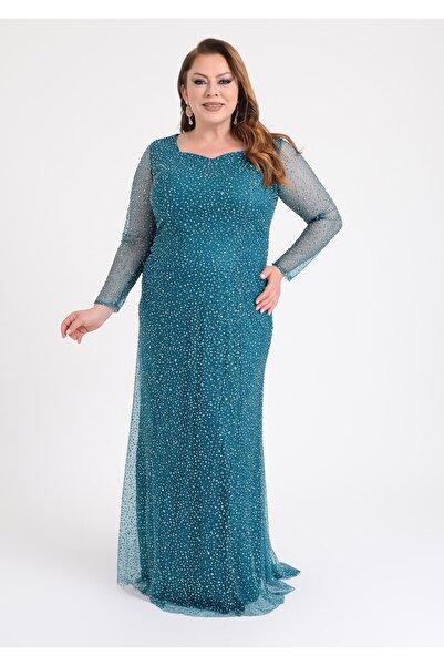 LİLAS XXL Büyük Beden Glitter Baskı Yeşil Renkli Uzun Kollu Uzun Abiye Elbise