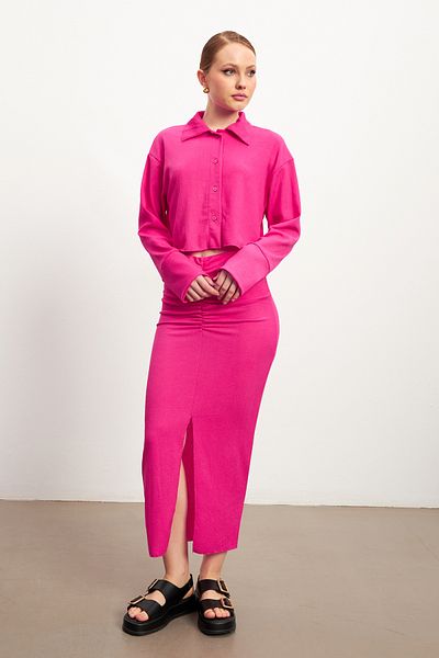 MODAGEN Women's Fuchsia Long Sleeve Shirt Slit Skirt Crinkle Set