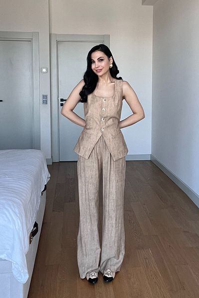 Seda Yalçın Atelier Camel Square Collar Buttoned Vest Suit