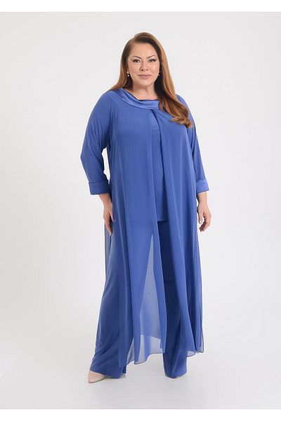 LİLAS XXL Set de tunică cu pantaloni de rochie de seară din șifon color indigo de mărime mare