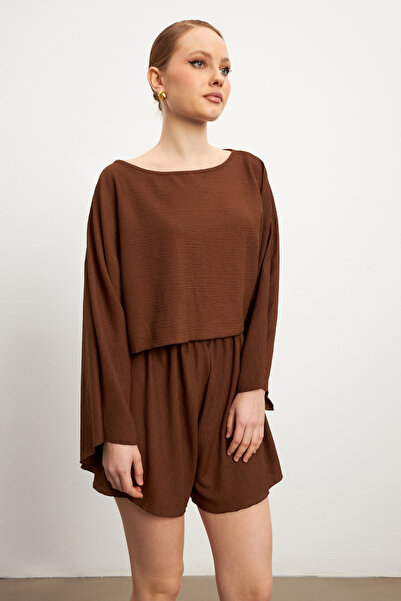 MODAGEN Γυναικείο Καφέ Μακρυμάνικο Σορτς Σορτς