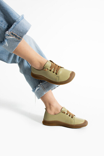 Getcho Preko Women's Genuine Leather Green Lace-Up Comfortable Daily Sneaker Sports Shoes Soft Model