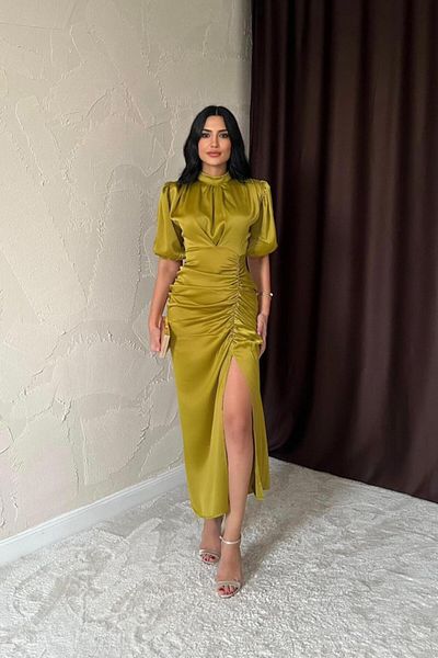 MRA Fashion Oil Green Gathered Satin Dress