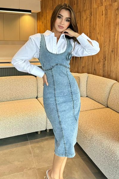 GÜLSELİ Rochie de blugi din denim cu fermoar la spate albastru cu detaliu trandafir în față