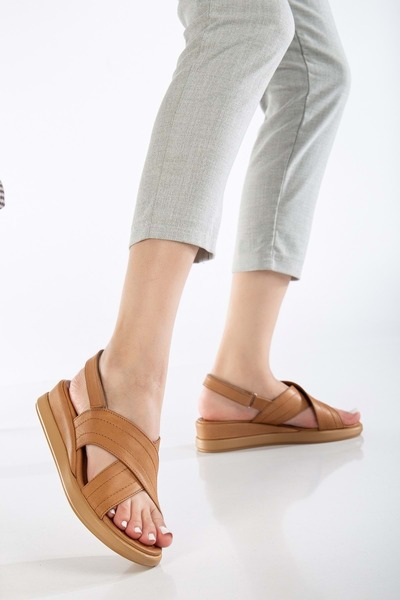 ANALİN SHOES Sandale de damă din piele naturală cu velcro la spate - maro