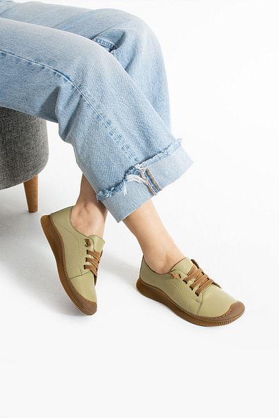 Getcho Preko Women's Genuine Leather Green Lace-Up Comfortable Daily Sneaker Sports Shoes Soft Model