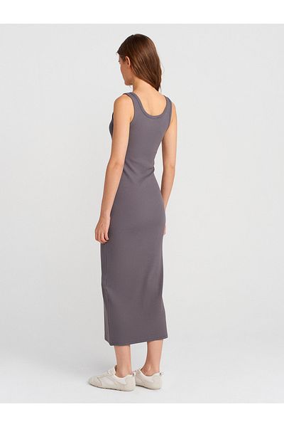 Dilvin 91382 Button Detailed Midi Dress-Smoked