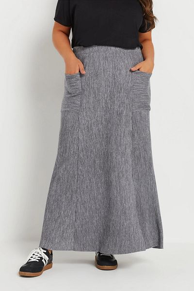 Stil Diva Large Size Elastic Waist Ribbed Maxi Skirt with Front Pocket 303899