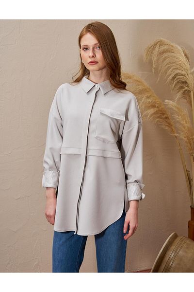Kayra Gray Color Mesh Garnished Wide Cuff Tunic