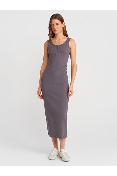 Dilvin 91382 Button Detailed Midi Dress-Smoked