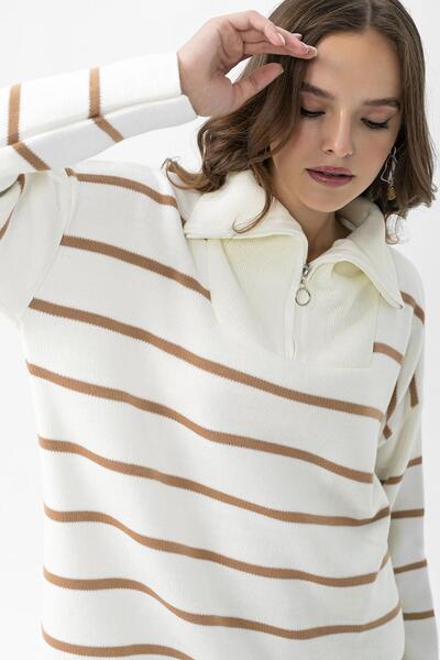 ŞİMAL Pulover tricotat largi pentru femei, cu model în dungi, cu detaliu de fermoar la guler 255043 -