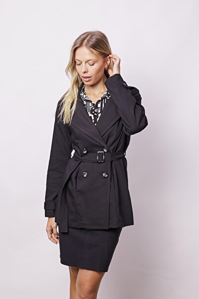 Jument Γυναικείο μπουφάν με διπλό στήθος με ζώνη από ελαφρύ ύφασμα Lycra Trench Coat-Μαύρο