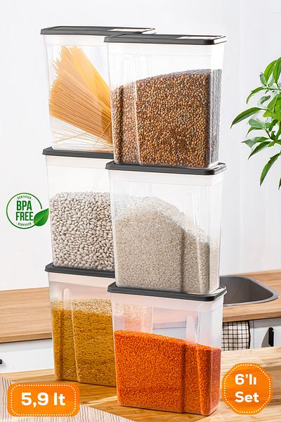 Porsima Org-451 6-Li Sandy Mega Size باب تخزين الهواء Geçermino أسود 5,90 لتر مجموعة باب تخزين الطعام