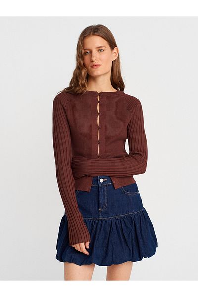 Dilvin 60967 Crew Neck Corded Buttoned Slim Knitwear Cardigan-Brown