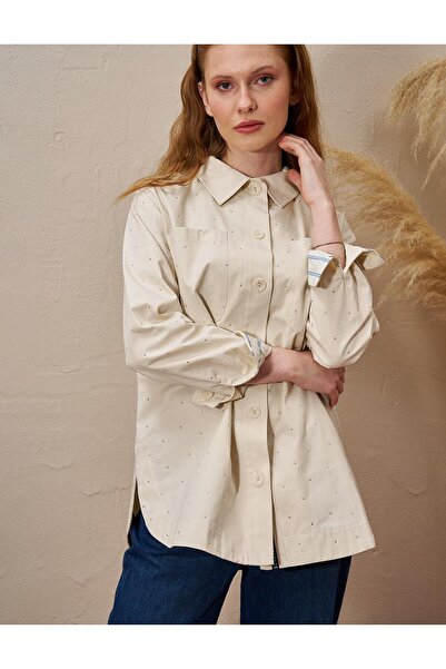 Kayra Çift Cepli Hotfix Baskılı Bluz Krem