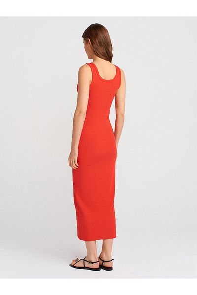 Dilvin 91382 Button Detailed Midi Dress-Red