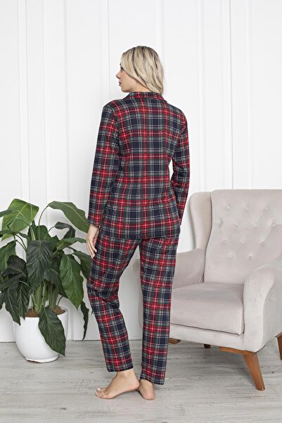 ŞİMAL Women's Cotton Buttoned Piping Pajamas Set