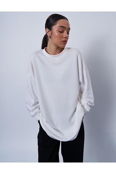Kayra Hotfix Printed Scuba Sweatshirt Ecru