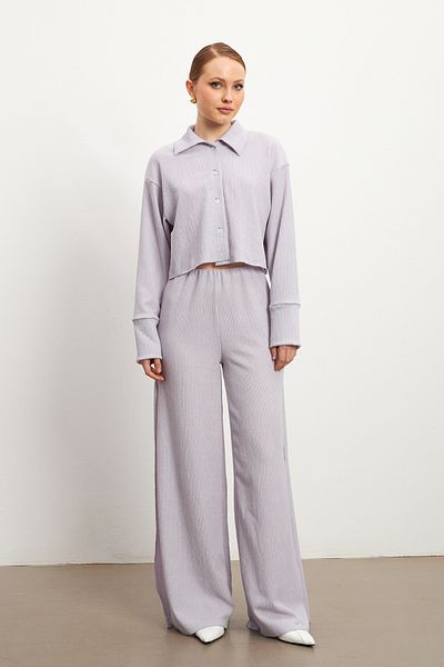 MODAGEN Women's Lilac Long Sleeve Shirt Slit Pants Crinkle Set