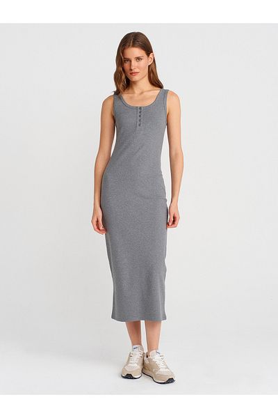 Dilvin 91382 Button Detailed Midi Dress-Anthracite