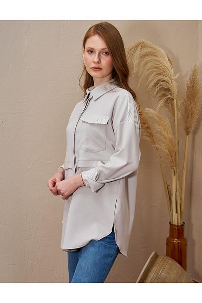 Kayra Gray Color Mesh Garnished Wide Cuff Tunic