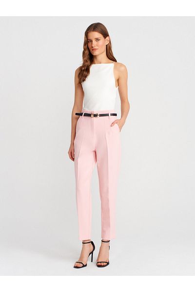 Dilvin 71632 Belted High Waist Pants-Pink