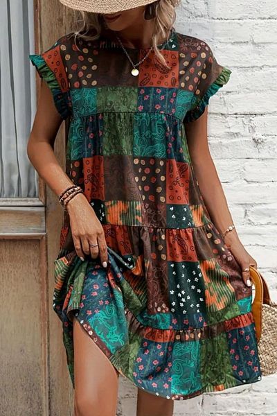 Mossta Ruffled Sleeves Round Neck Dress Patterned
