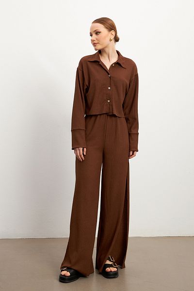 MODAGEN Women's Brown Long Sleeve Shirt, Slit Pants, Crinkil Set