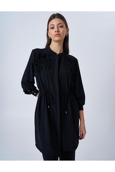 Kayra Black Waist Shirred Judge Collar Tunic