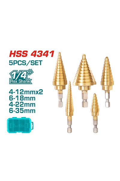 TOTAL 5PCS Step Drill Bit Set HSS 4341 1/4" Hex Shank, Titanium Coated for Metal & Wood