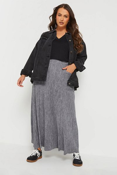 Stil Diva Large Size Elastic Waist Ribbed Maxi Skirt with Front Pocket 303899