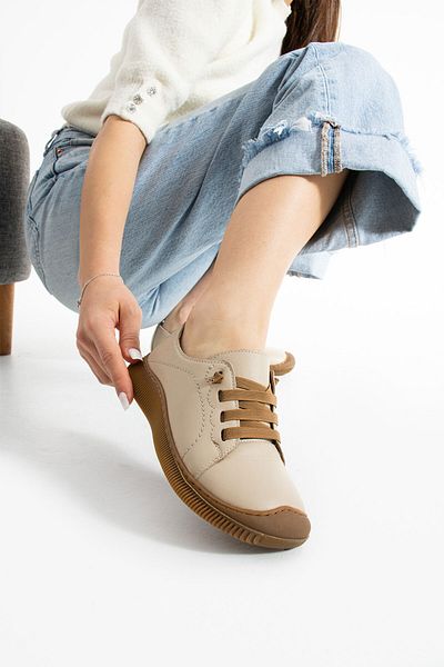 Getcho Preko Pantofi sport pentru femei, din piele naturală, cremă, cu șireturi, pantofi sport, model moale