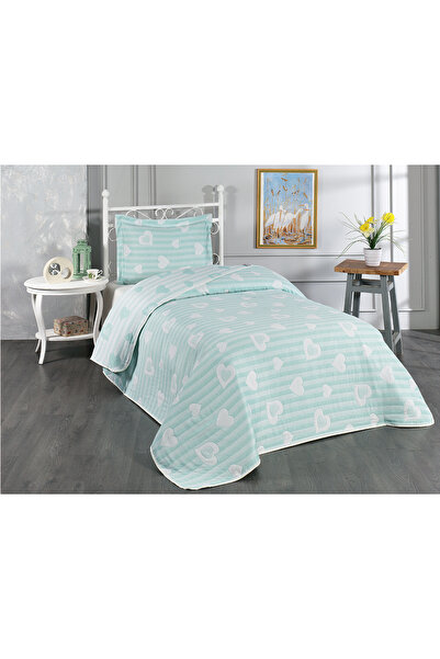 Evlen Home Collection Aston Kalp Desenli Pamuklu Tek Kişilik Yatak Örtüsü Pike Seti 2 Parça Mint Çocuk Genç Yatak Örtüsü