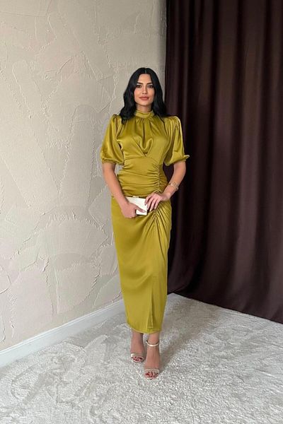 MRA Fashion Oil Green Gathered Satin Dress