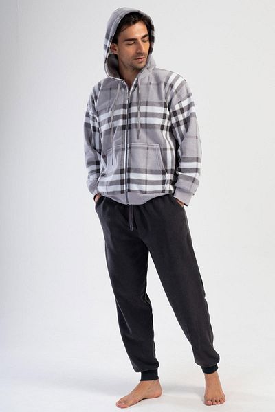 VİENETTA Vienetta Man Gray Men's Fleece Hooded Long Sleeve Pajama Set