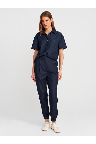 Dilvin 71630 High Waist Elastic Leg Trousers-Navy Blue