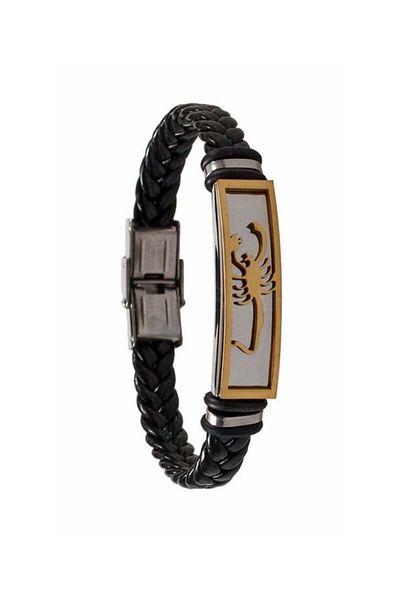 OSMANLI GÜMÜŞ Men's Steel Bracelet - Braided Leather Men's Steel Bracelet with Scorpion