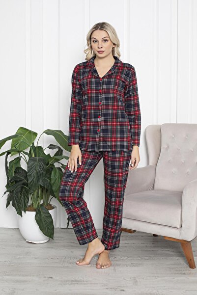 ŞİMAL Women's Cotton Buttoned Piping Pajamas Set