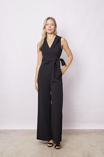 Jument Women Stylish Jumpsuit-Black Lycra Crepe Double Breasted Wrap Side Pockets Sleeveless Collared