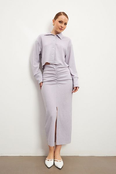 MODAGEN Women's Lilac Long Sleeve Shirt Slit Skirt Crinkle Set