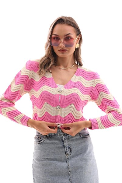 ŞİMAL Zigzag Patterned Women's Knitwear Cardigan - Metal Button Detail 245028