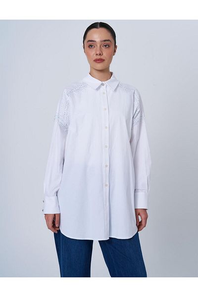 Kayra Tunica din poplin alb optic - Manșetă lată